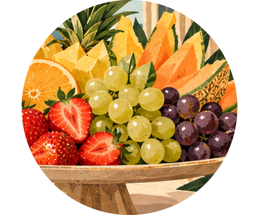 Illustratie van een feestelijk gepresenteerde fruitschaal